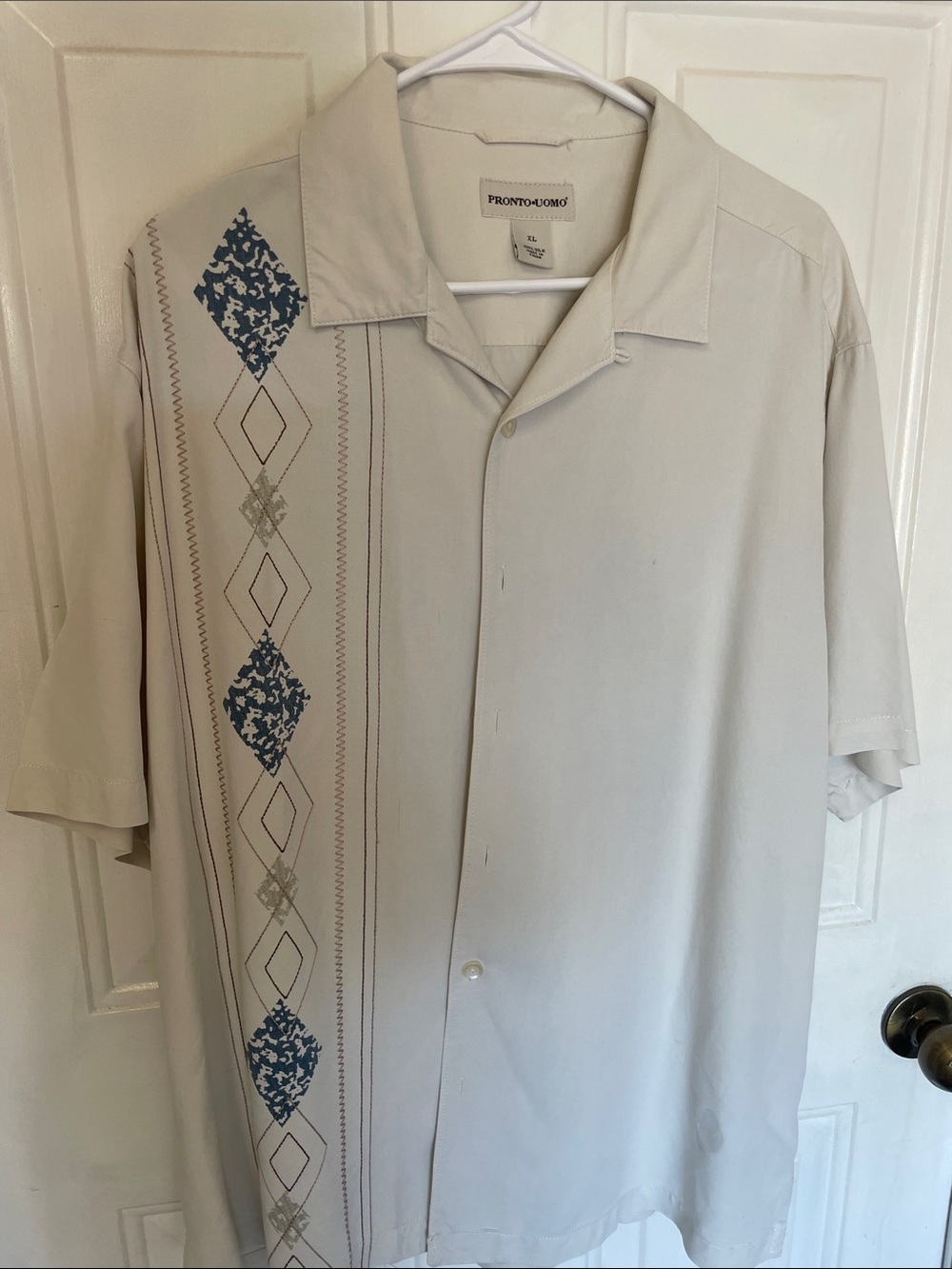 Pronto Uomo Cream Short-Sleeve Button-Down Shirt with Blue Diamond Panel